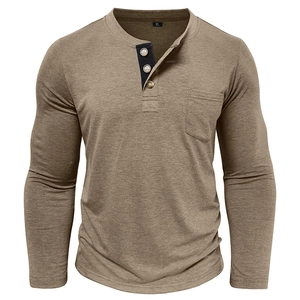 Detailed view of khaki Henley shirt featuring a three-button placket and left chest pocket