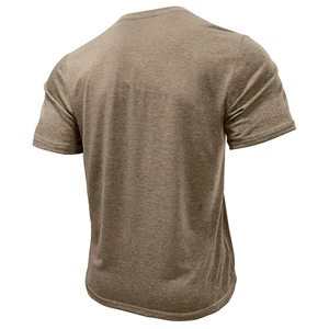 Rear view of a heather tan men's short sleeve Henley shirt showing fabric texture