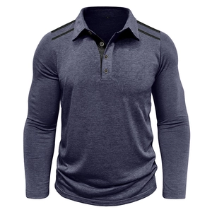 Men's long sleeve polo shirt in heather blue with black shoulder decorative stitching