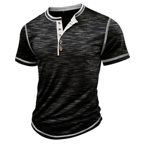 Close-up of contrast white stitching and four buttons on heathered grey Henley shirt