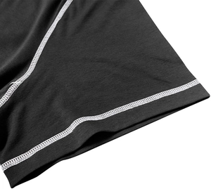 Detailed close-up of men's black T-shirt fabric texture with white contrast stitching accents