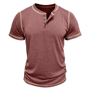 Detail view of contrast stitching and button neckline on a red men's Henley shirt