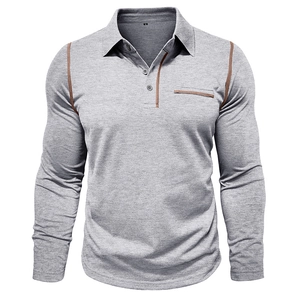 Detail of grey men's long sleeve polo shirt with brown contrast stitching and three buttons