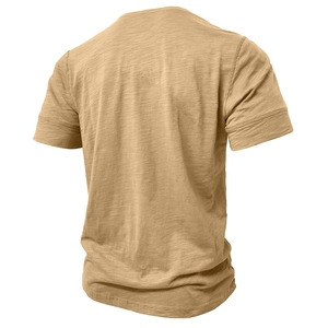 Detail shot of khaki muscle Henley shirt showing the textured slub cotton fabric and back view