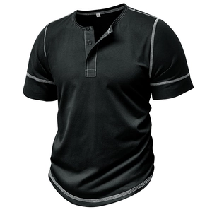 Detailed close-up of men's Henley shirt with white contrast stitching and button placket