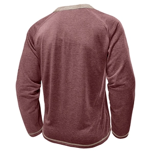 Rear view of long sleeve Henley shirt in dark red with gray contrasting hem and cuffs