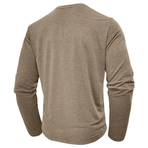Rear view of brown heather knit long sleeve Henley shirt with detailed fabric texture