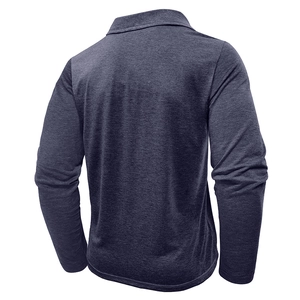 Men's long sleeve polo shirt in navy blue heather fabric with back seam detail