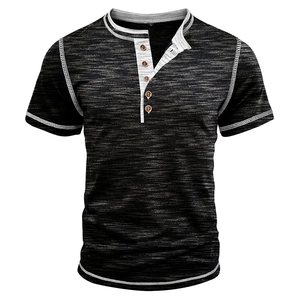 Detail of grey mélange Henley shirt showing contrast white placket and five wooden buttons
