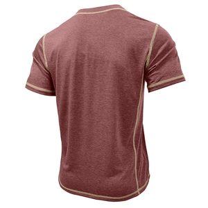 Detail of burgundy heather Henley shirt showing contrast beige stitching on the back