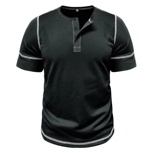 Close-up of black Henley shirt neckline with three buttons and white contrast stitching