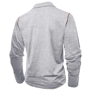 Detail view of the back shoulders on a light grey long sleeve polo shirt with brown stitching