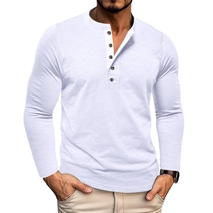Detail of white long sleeve Henley shirt featuring a 5-button placket and slub texture