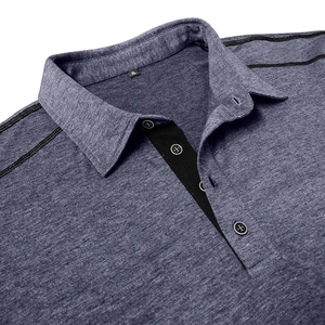Detail of purple heather polo shirt showing black buttons and reinforced shoulder stitching