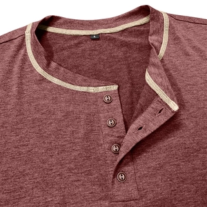 Detail of burgundy melange Henley shirt collar with decorative beige stitching and buttons