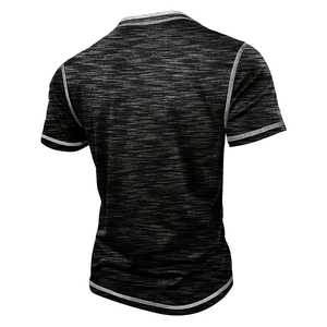 Detailed back view of men's athletic shirt showing heather gray fabric and white stitching