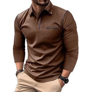 Detail of men's brown long sleeve polo shirt with navy contrast stitching and pocket