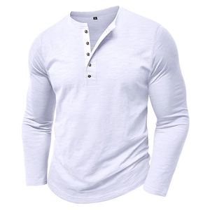 Detail of white Henley shirt neckline showing five brown buttons and XL size label