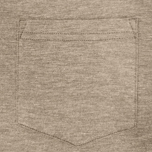 Detail of chest pocket stitching and heather grey knit fabric on men's Henley shirt