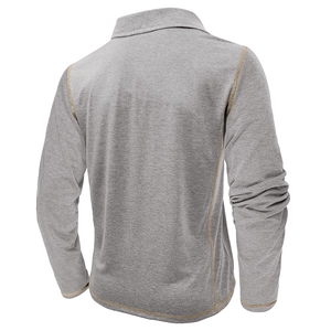 Macro shot of men's long sleeve polo shirt back with contrast stitching details