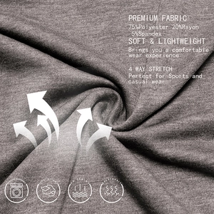 Close-up of grey fabric showing 4-way stretch and 75% polyester 20% rayon material