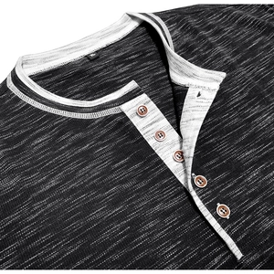 Detail of color-block Henley collar with five buttons and premium heathered fabric
