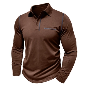Close-up of long sleeve brown polo shirt featuring blue contrast stitching and chest pocket