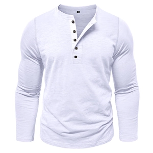 Detailed view of white slub texture fabric and five-button placket on Henley shirt