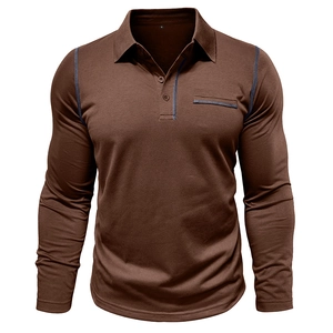 Detailed view of men's brown long sleeve polo shirt with blue contrast stitching