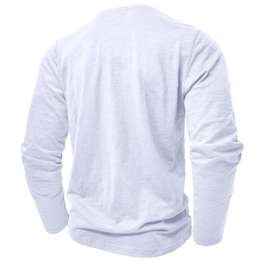 Detailed back view of a light purple long sleeve Henley shirt with slub cotton texture