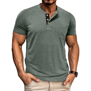 Men's olive green short sleeve Henley shirt with contrast trim and buttoned placket