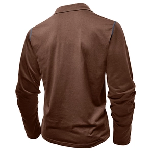 Detailed back view of coffee brown long sleeve polo shirt with navy blue shoulder stitching