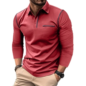 Close-up of brick red long sleeve polo shirt with navy contrast piping and collar detail