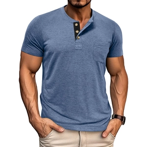 Detail of blue-grey Henley shirt showing the three-button neckline and chest pocket