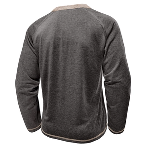 Rear view of long sleeve henley shirt with dark grey knit and khaki contrast trim details