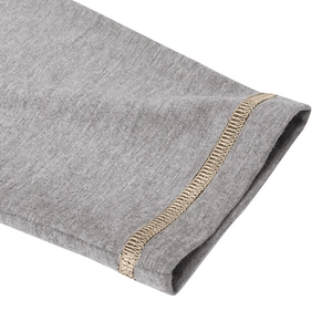 Detailed close-up of grey knitted polo shirt cuff with khaki contrast stitching finish