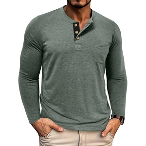 Close-up of men's long sleeve Henley shirt with button placket and chest pocket detail