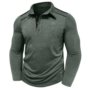 Close-up of slim fit men's long sleeve polo shirt with buttons and shoulder stitching