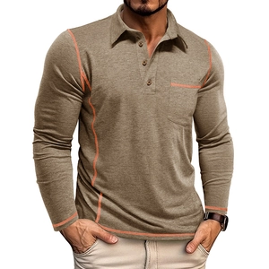 Detail of contrast orange stitching on dark khaki long-sleeve polo shirt with chest pocket