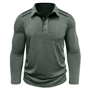 Detail of dark green polo shirt with black contrast placket and textured knit fabric