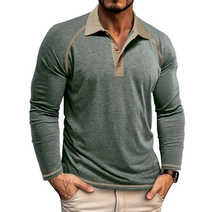Herren Langarm Polohemd Kontrastfarbe Raglanärmel Polyester Viskose Elasthan Atmungsaktive Lässige Urban Mode Tops Holzknöpfe Retro Stil
