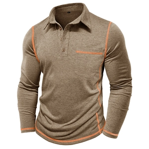 Detail of men's brown long-sleeve polo shirt with orange contrast stitching and chest pocket