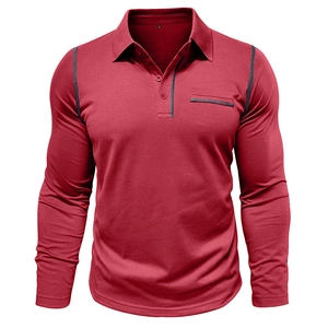 Detail of red long sleeve Polo shirt with grey contrast stitching and three-button placket