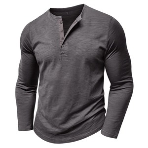 Close-up of a men's dark grey Henley shirt with five buttons and slub texture fabric