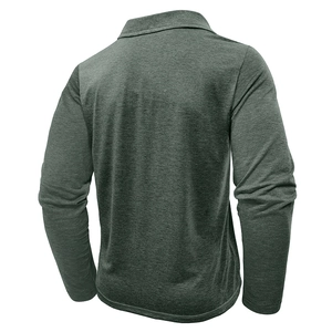 Rear view of a men's long sleeve polo shirt in heather dark green with knit texture
