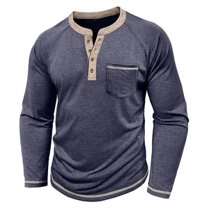 Detail of four-button Henley neckline on men's navy blue raglan sleeve shirt