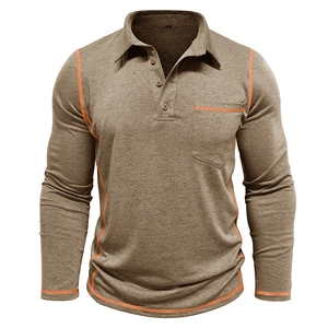 Detail view of khaki long sleeve polo shirt with orange contrast stitching and chest pocket