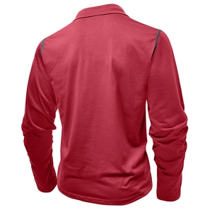 Detail of red long sleeve polo shirt showing back view and dark grey contrast stitching