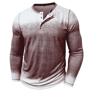 Gros plan détaillé d'un t-shirt Henley à manches longues dégradé rouge et blanc avec quatre boutons