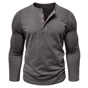 Detail of grey slub cotton Henley shirt neckline with buttons and size XL mark